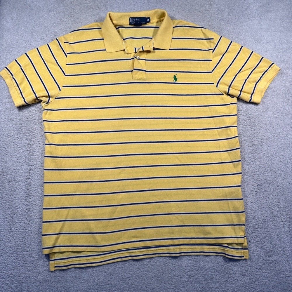 Vintage Polo Ralph Lauren Striped Mesh Pique Shirt Classic Yellow Blue Cotton XL